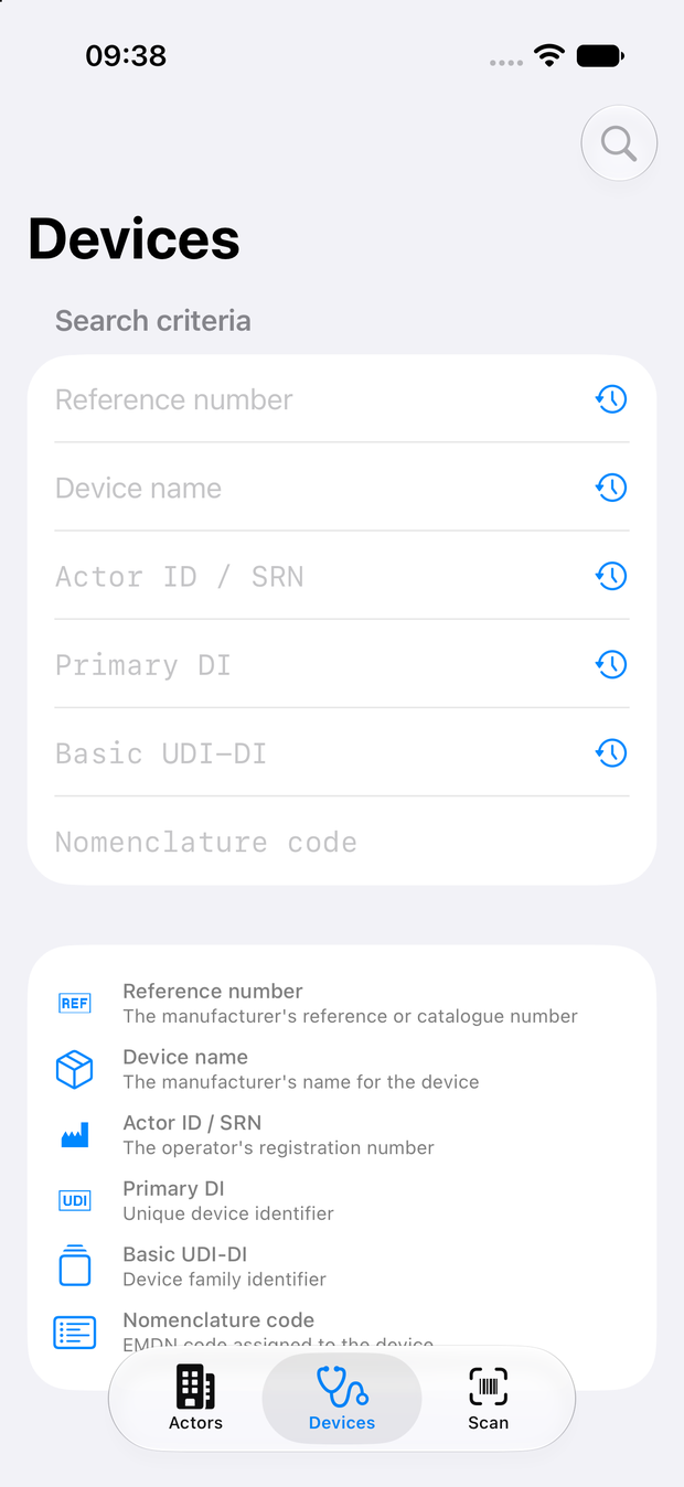 Devices tab: search fields for reference number, device name, SRN, Primary DI, Basic UDI-DI and nomenclature code.