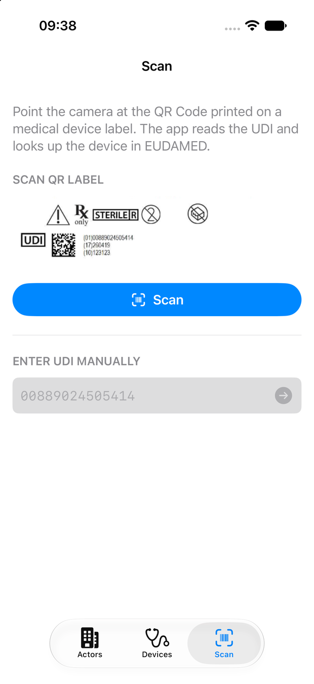 The Scan tab of EUDAMED Mobile, showing the camera prompt and a field for entering a UDI by hand.